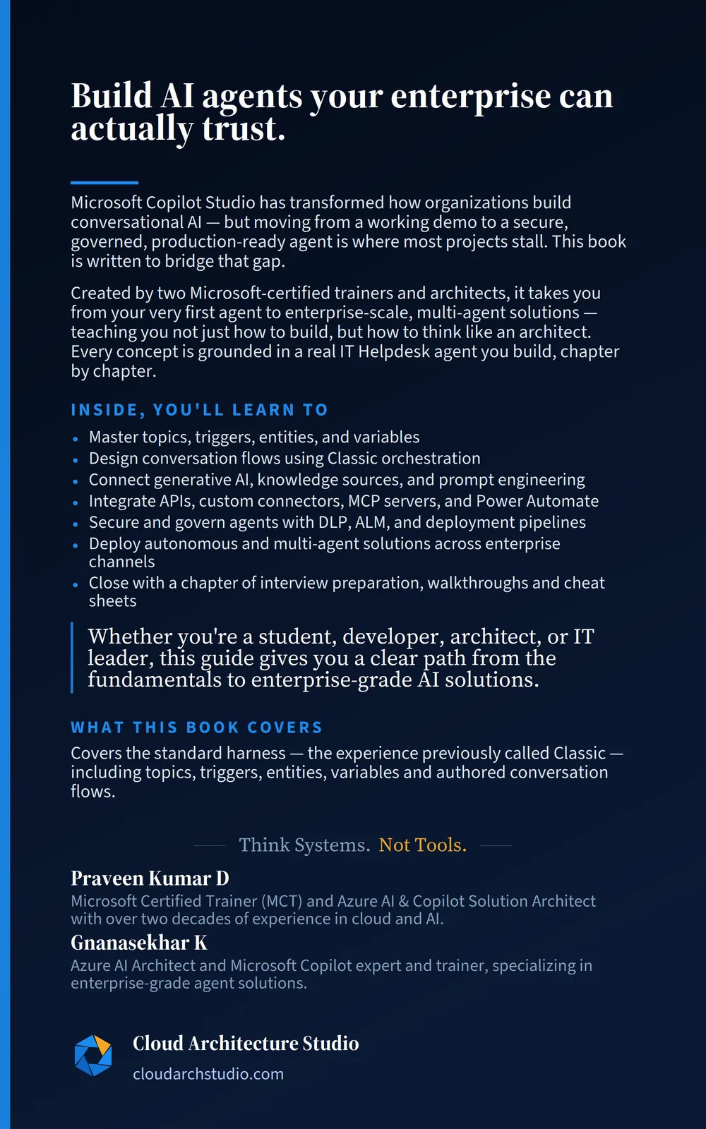 Back cover of Microsoft Copilot Studio, with the book summary and author details